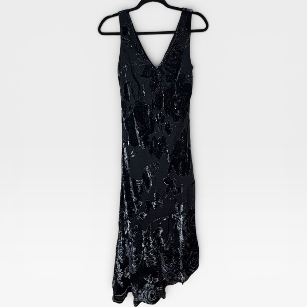 Y2K dressbarn lack burnout velvet embroidered beaded asymmetrical maxi dress